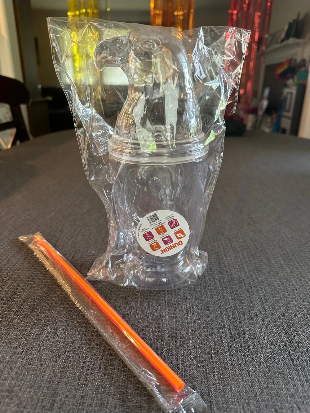 Dunkin Clear Eagle-Top Plastic Tumbler with Neon Straw- NWT